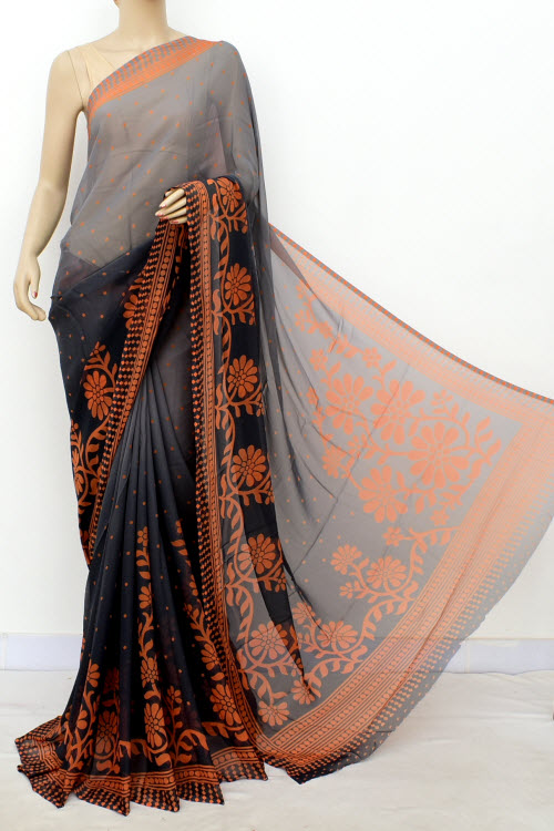 Grey Orange Printed Mul-Mul Georgette Saree (with Blouse) 16393