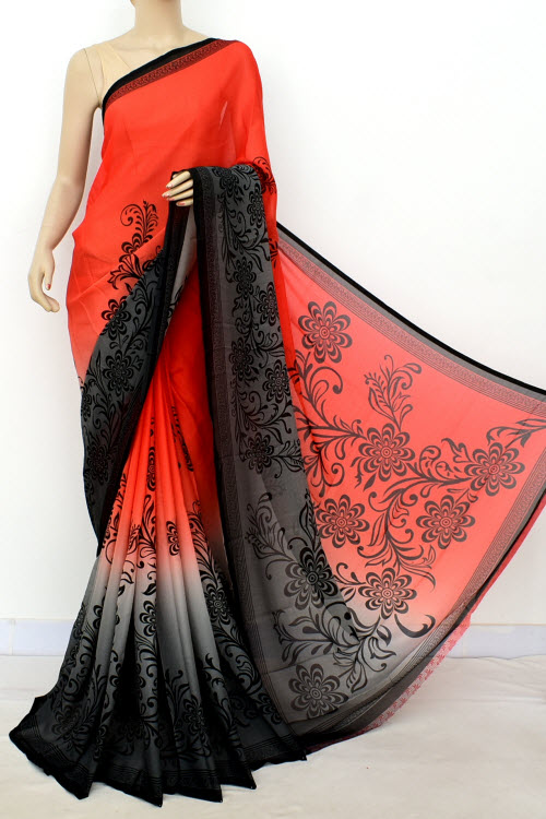 Orange Grey Printed Mul-Mul Georgette Saree (with Blouse) 16391