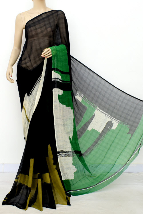 Black Green Exclusive Printed Semi-Chiffon Saree (with Blouse) 16389