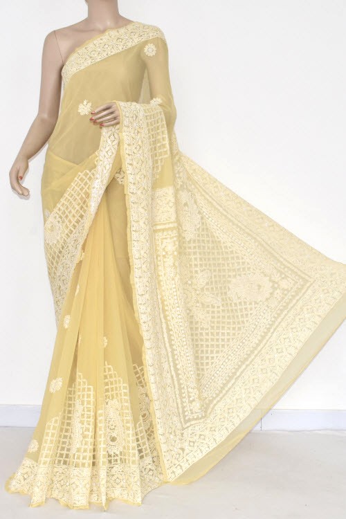 Yellow Hand Embroidered Lucknowi Chikankari Saree (With Blouse - Georgette) 14485