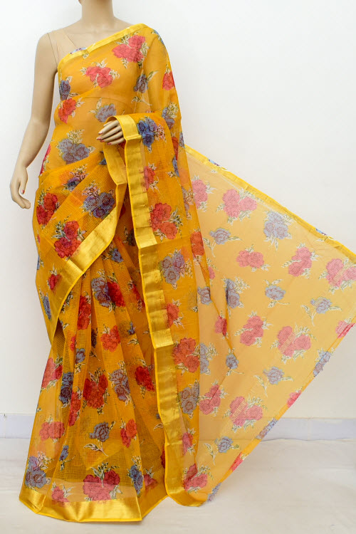 Mustared Yellow JP Kota Doria Printed Cotton Saree (without Blouse) Zari Border 13510