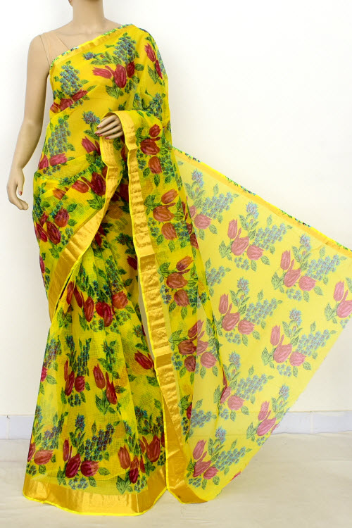 Yellow JP Kota Doria Printed Cotton Saree (without Blouse) Zari Border 13522