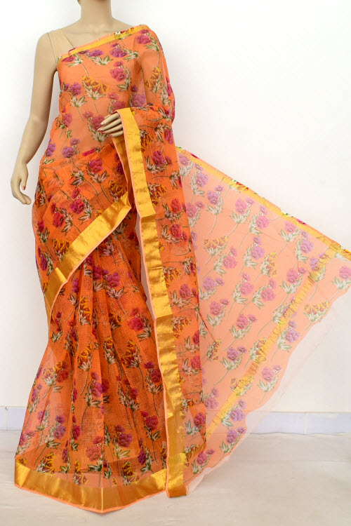 Peach JP Kota Doria Printed Cotton Saree (without Blouse) Zari Border 13523