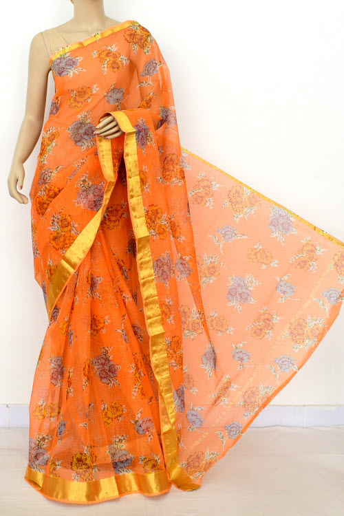 Peach JP Kota Doria Printed Cotton Saree (without Blouse) Zari Border 13525