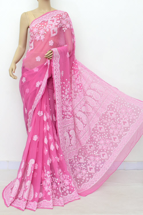 Onion Hand Embroidered Lucknowi Chikankari Saree (With Blouse - Georgette) Rich Pallu & Border 17318