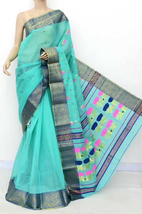 Sea Green Exclusive Handwoven Bengal Tant Cotton Saree (Without Blouse) Zari Border 17455