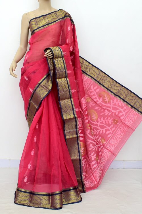 Redish Rust Handwoven Bengal Tant Cotton Saree (Without Blouse) Zari Border 17001
