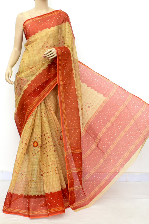 Rust Fawn JP Kota Doria Chunri Print Cotton Saree (without Blouse) 15538