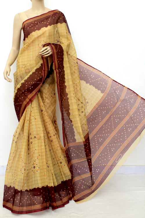 Maroon Fawn JP Kota Doria Chunri Print Cotton Saree (without Blouse) 15536