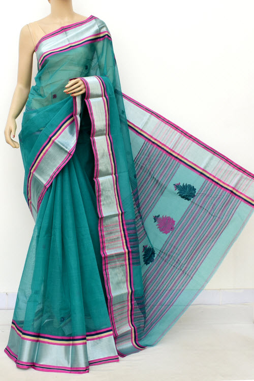 Sea Green Exclusive Handwoven Bengal Tant Cotton Saree (With Blouse) Zari Border 17602