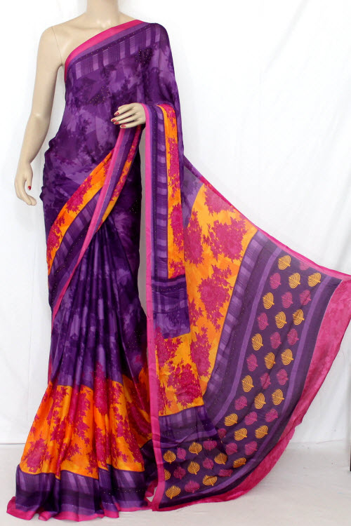 Purple-Orange Printed Faux Georgette Saree (With Blouse) 13343