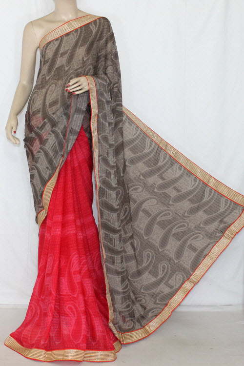 Pink Brown Half-Half Printed Georgettel Saree (With Blouse) 13404