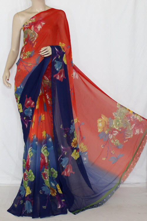 Orange Blue Printed Georgette Half-n-Half Saree (With Blouse) 13405