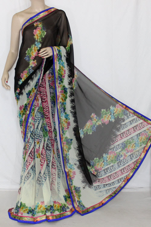 Cream-Black Printed Semi-Chiffon Saree (With Blouse) 13409