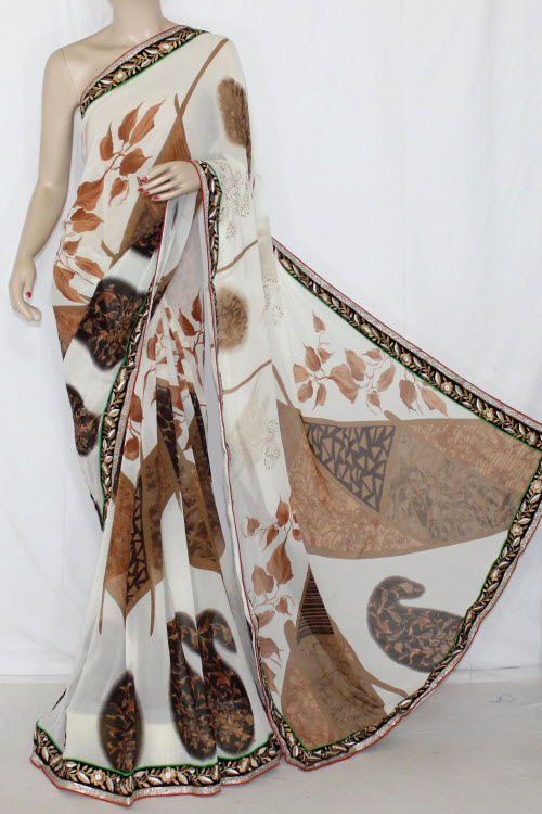 Off White - Brown Printed Semi-Chiffon Saree (With Blouse) 13410