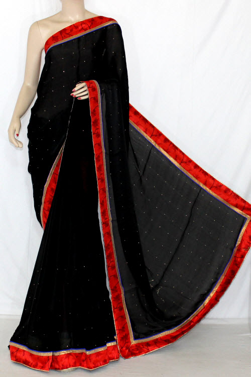 Black Satin-Chiffon Saree (With Printed Blouse) 13412