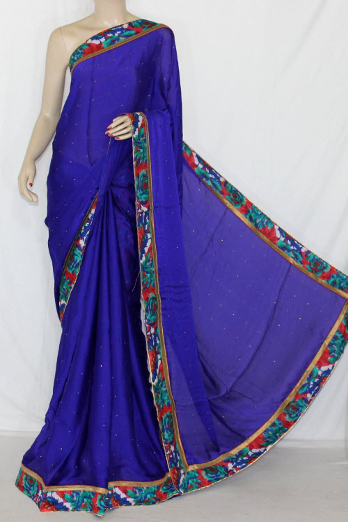 Royal Blue Satin-Chiffon Saree (With Printed Blouse) 13414