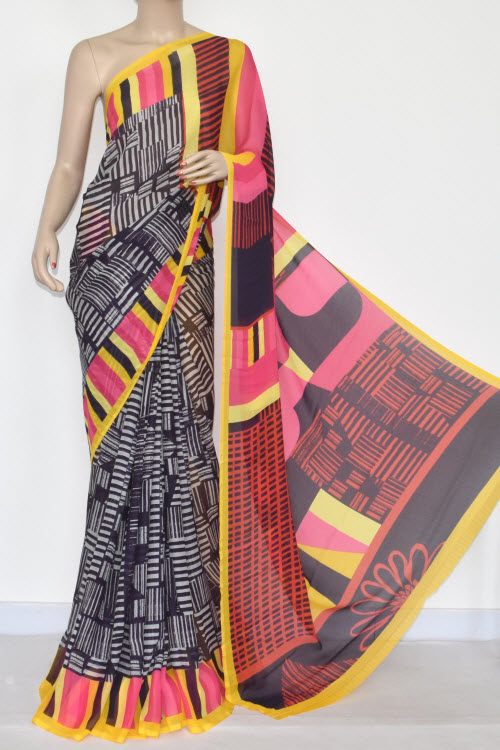 Navy Blue Pink Printed Wrinkle Georgette Saree (With Blouse) 13421