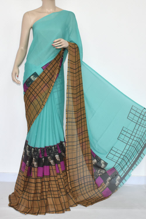 Sea Green Brown Printed Wrinkle Georgette Saree (With Blouse) 13432