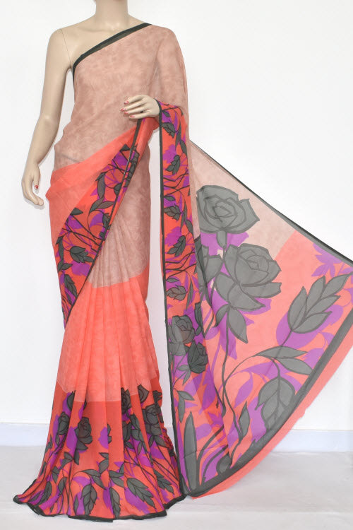 Peach Color Printed Wrinkle Georgette Saree (With Blouse) 13433
