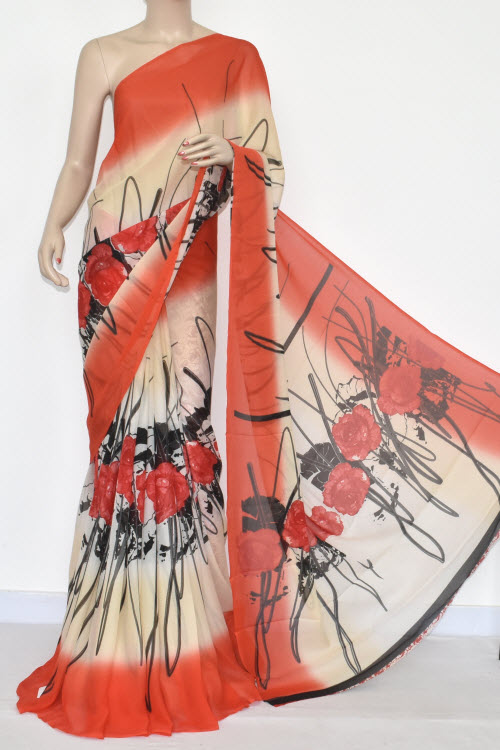 Cream Orange Printed Wrinkle Georgette Saree (With Blouse) 13434
