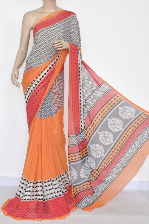 Orange Printed Mul-Mul Georgette Saree (With Blouse) 13438