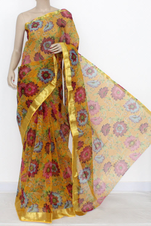 Yellow JP Kota Doria Printed Cotton Saree (without Blouse) Zari Border & Pallu 13554