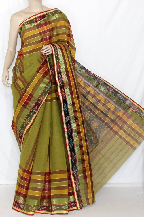 Menhdi Green Maroon Handwoven Dhaniakhali Bengali Tant Cotton Kotki Saree (Without Blouse) 13939