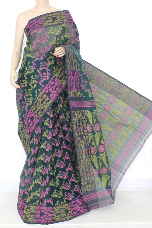 Bottle Green Pink Handwoven Bengali Tant Cotton Jamdani Saree (Without Blouse) 13979