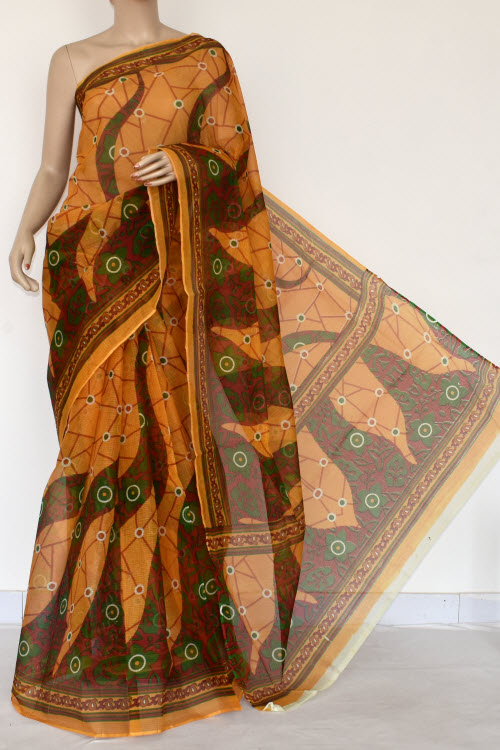 Mustared Yellow Premium JP Kota Doria Printed Cotton Saree (without Blouse) 15372