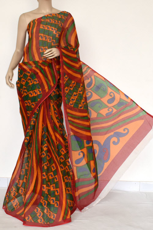 Red Yellow Premium JP Kota Doria Printed Cotton Saree (without Blouse) 15389