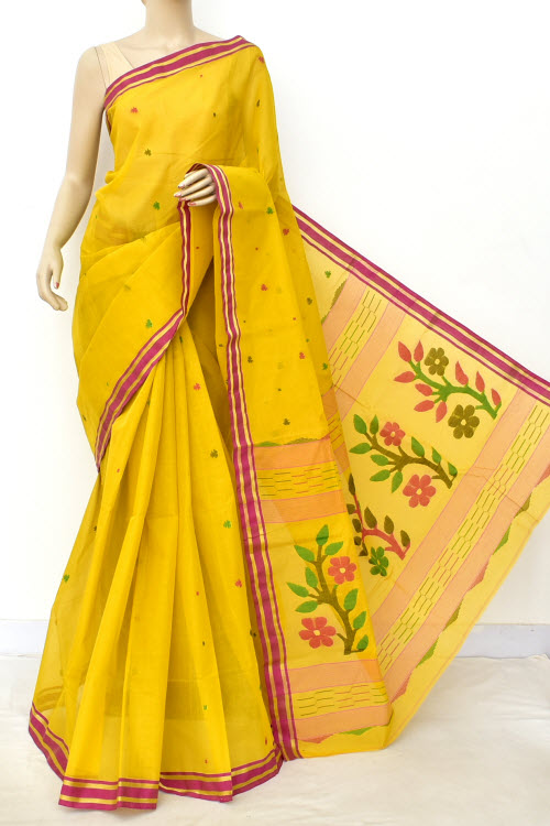Mustard Yellow Pure Jamdani Handloom Bengal Tant Cotton Saree (Without Blouse) 17702