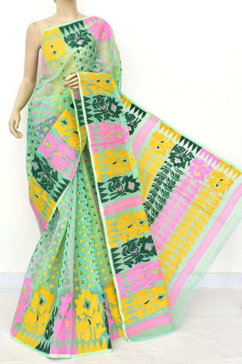 Light Green Pure Jamdani Handloom Bengal Tant Cotton Saree (Without Blouse) Rich Pallu 17707