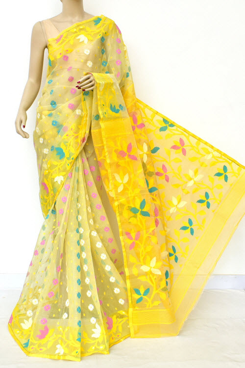 Cream-Yellow Pure Jamdani Handloom Bengal Tant Cotton Saree (Without Blouse) Rich Pallu 17713