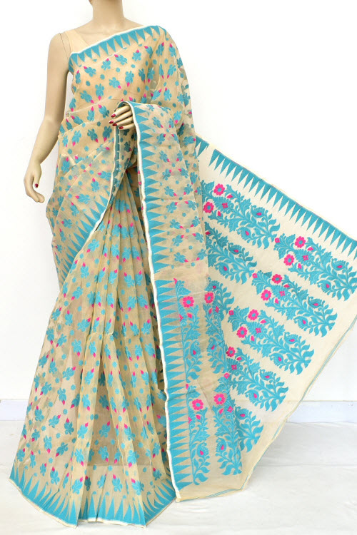 Beige-Sea Green Jamdani Handloom Bengal Tant Cotton Saree (Without Blouse) 17718