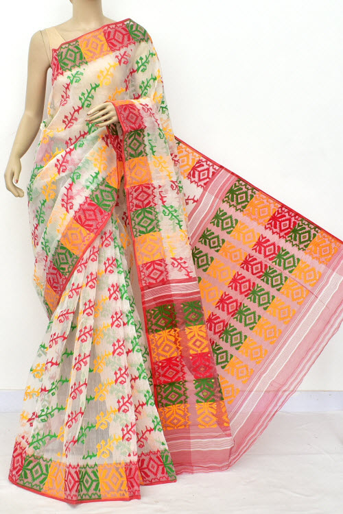 White Red Green Jamdani Handloom Bengal Tant Cotton Saree (Without Blouse) Rich Pallu 17721