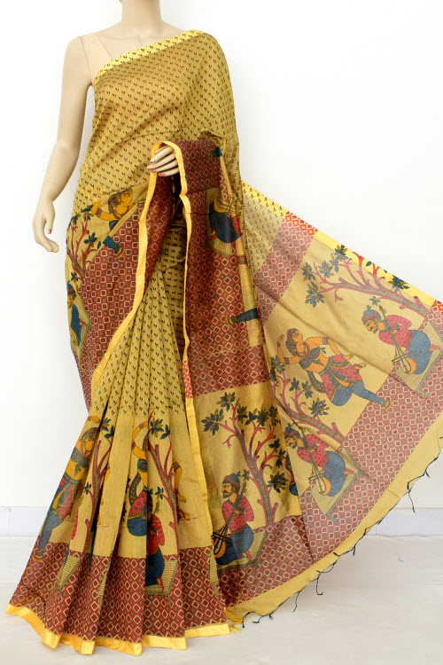 Fawn Handloom Mercerised Cotton Saree (With Contrast Blouse) Figure Print 17787