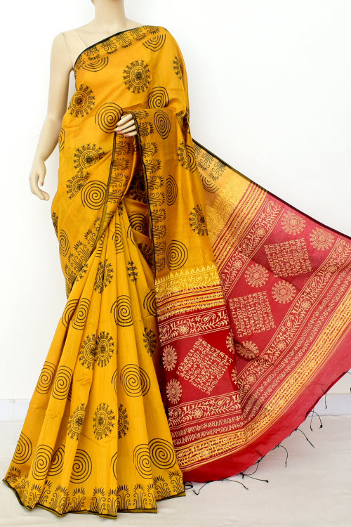 Mustard Maroon Handloom Mercerised Cotton Printed Saree (With Contrast Blouse) 17793