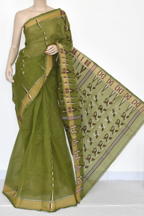 Menhdi Green Handwoven Bengali Tant Cotton Saree (Without Blouse) 14061