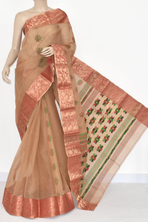 Fawn Handwoven Bengali Tant Cotton Saree (Without Blouse) Zari Border 14111