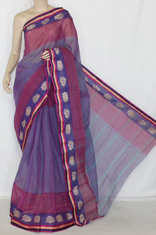 Greyish Purple Handwoven Bengali Tant Cotton Saree (Without Blouse) 14233