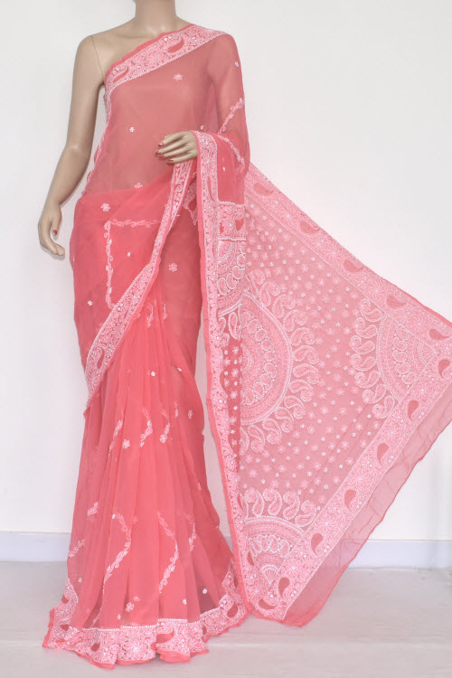 Peach Hand Embroidered Lucknowi Chikankari Saree (With Blouse - Georgette) 14456