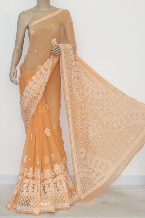 Light Orange Hand Embroidered Lucknowi Chikankari Saree (With Blouse - Georgette) 14484