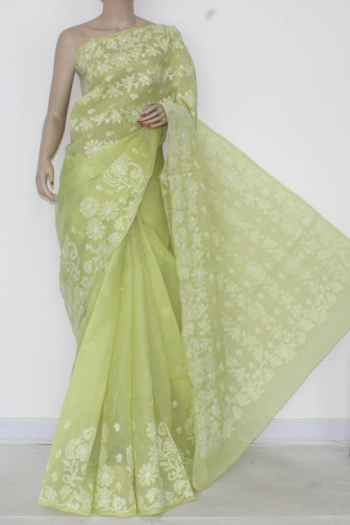 Pista Green Hand Embroidered Lucknowi Chikankari Saree (With Blouse - Cotton) Heavy Pallu 14544