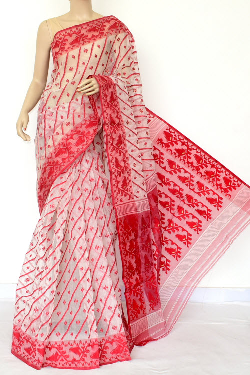 Off-White Red Jamdani Handwoven Bengal Tant Cotton Saree (Without Blouse) 17016