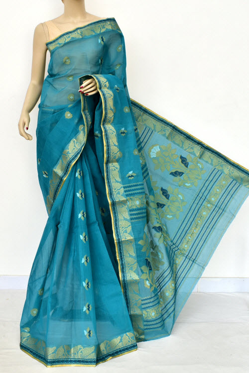 Teal Blue Handwoven Bengal Tant Cotton Saree (Without Blouse) Zari Border 17459