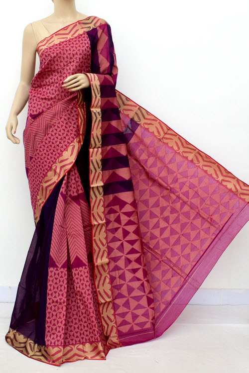 Magenta Half-Half Cot-Silk Saree (With Blouse) 17640