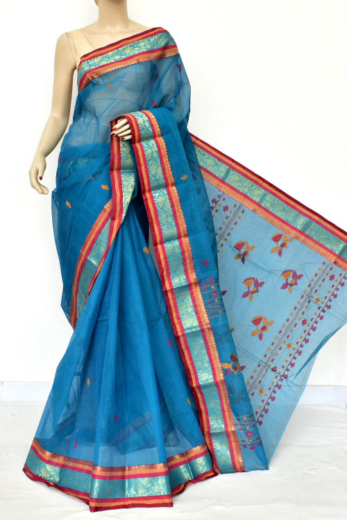 Peacock Blue Handwoven Bengal Tant Cotton Saree (With Blouse) Zari Border 17578