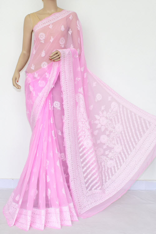 Light Pink Hand Embroidered Lucknowi Chikankari Saree (Georgette) 14660