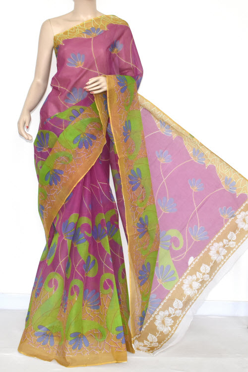 Purple Premium JP Kota Doria Printed Cotton Saree (without Blouse) Mustared Border 15338